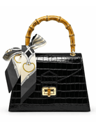 Black croc embossed leather bag with bamboo top handle