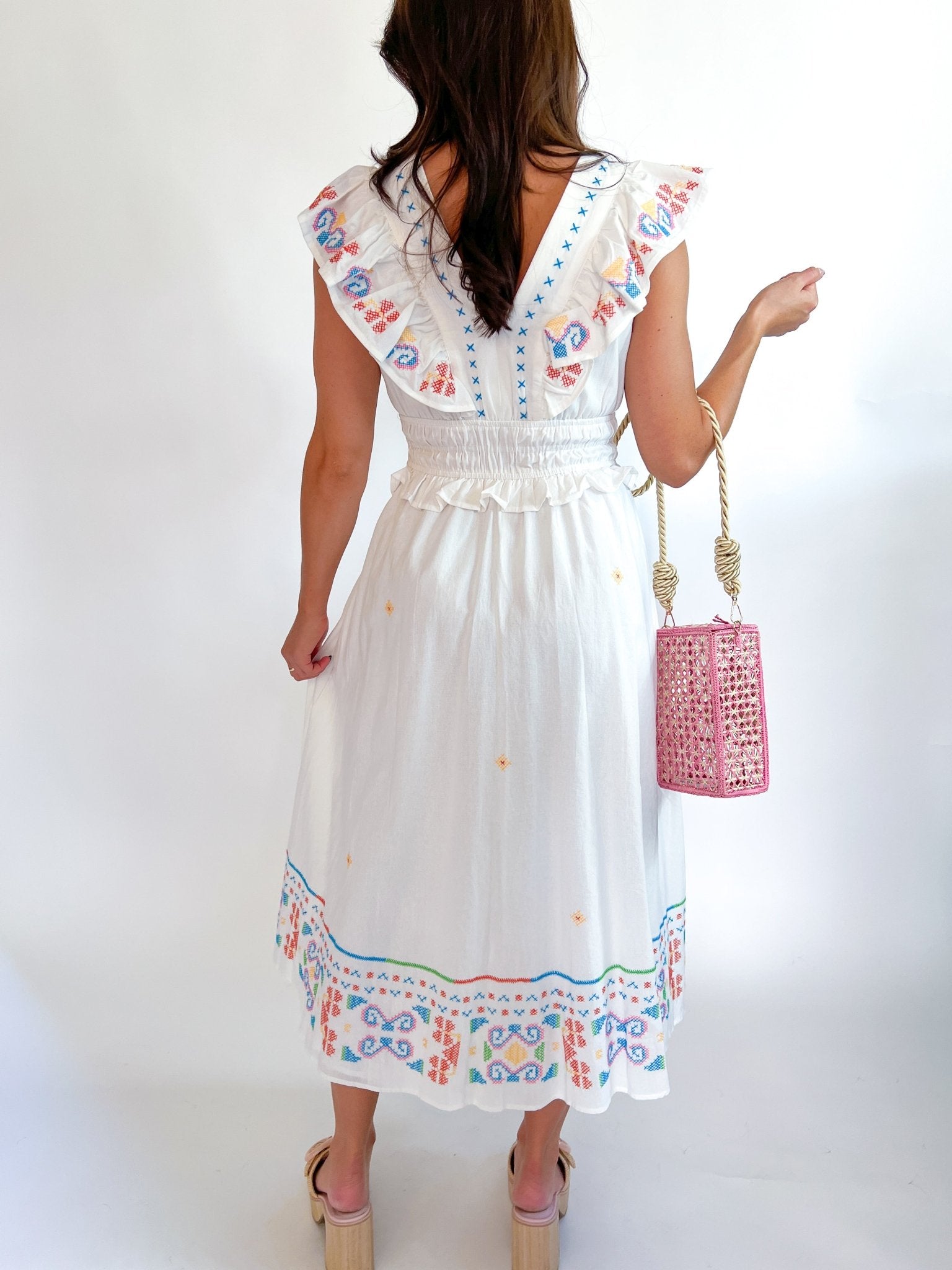Cross-Stitch Embroidered Flutter Sleeve Midi Dress - Swoon Boutique New Orleans