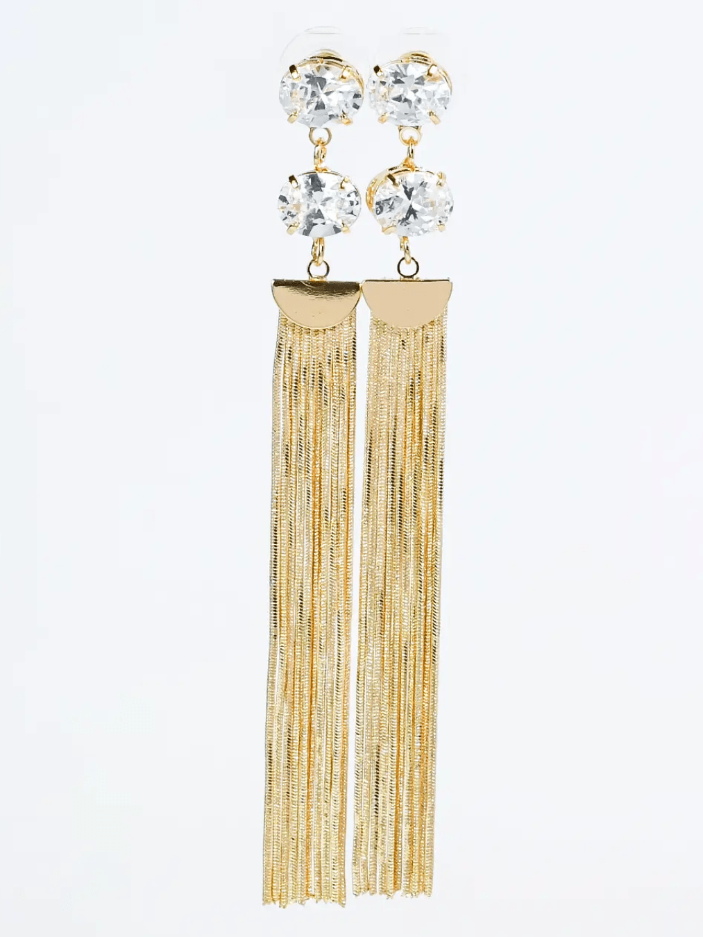 Crystal Fringe Statement Earrings with oversized crystal studs and gold chain fringe
