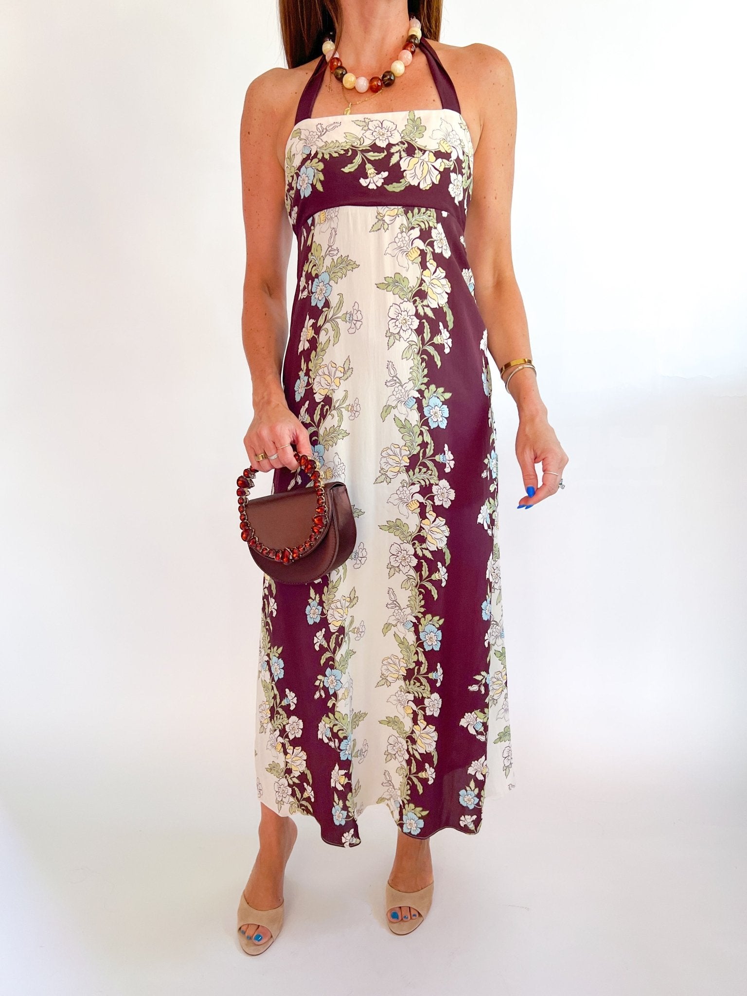 Brown floral halter maxi dress