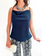 Deep Navy Satin Cowl Neck Cami - Swoon Boutique New Orleans