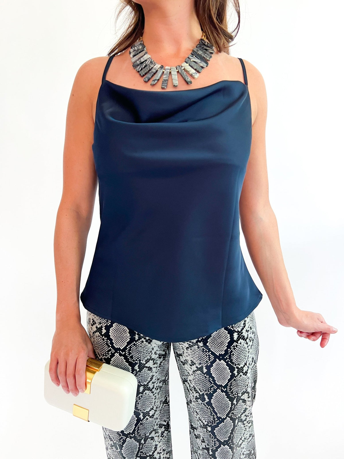 Deep Navy Satin Cowl Neck Cami - Swoon Boutique New Orleans
