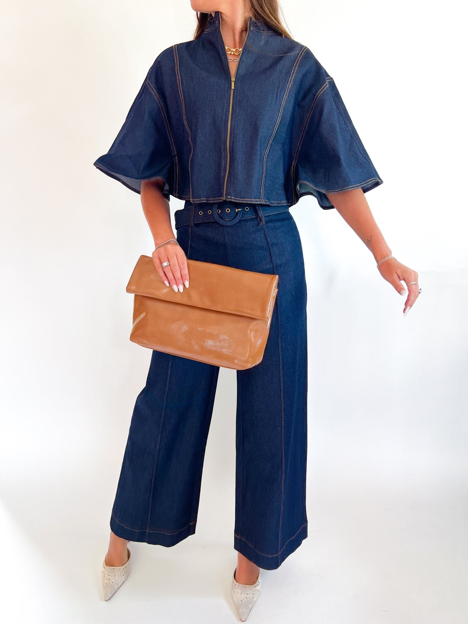 Blue denim front pleat pants