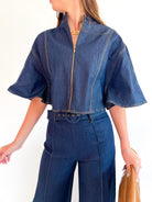 Blue denim capelet with cape sleeves