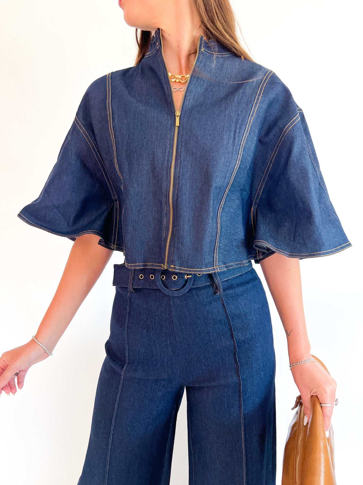 Blue denim capelet with cape sleeves