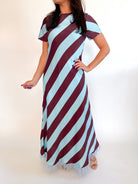 Blue striped maxi dress with feather trim hem