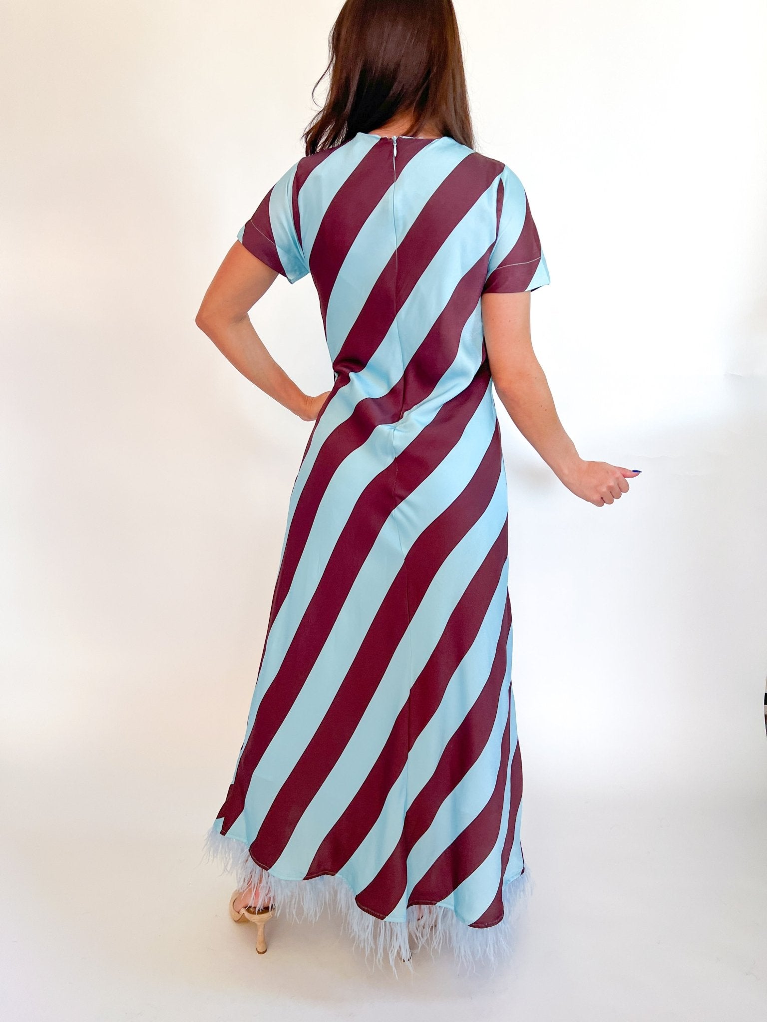 Diagonal Stripe Feather Hem Maxi Dress - Swoon Boutique New Orleans