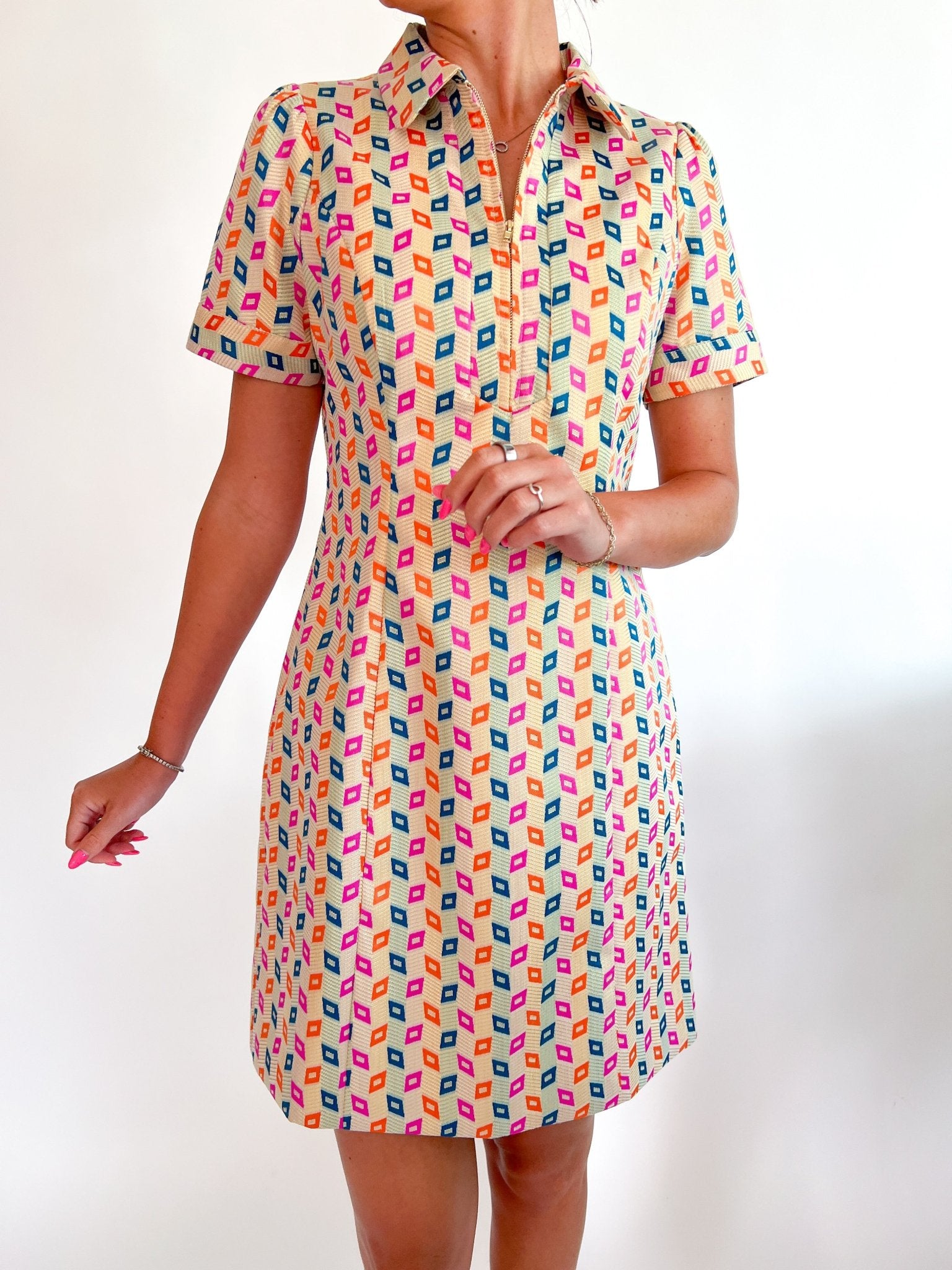 Diamond Pop Front Zip Dress by JADE in vibrant multi-color diamond graphic print