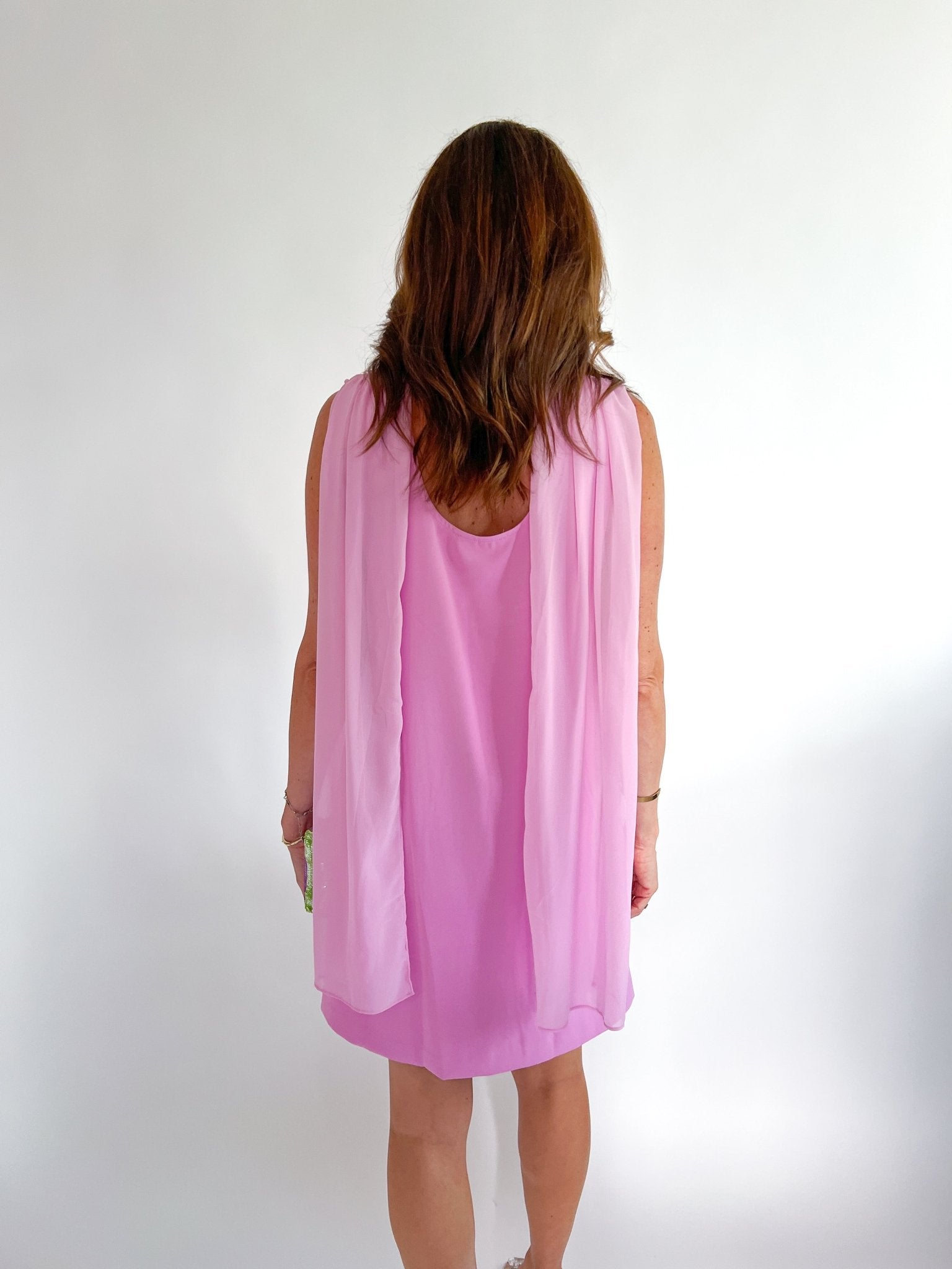 Pink sleeveless mini dress with draped cowl neckline