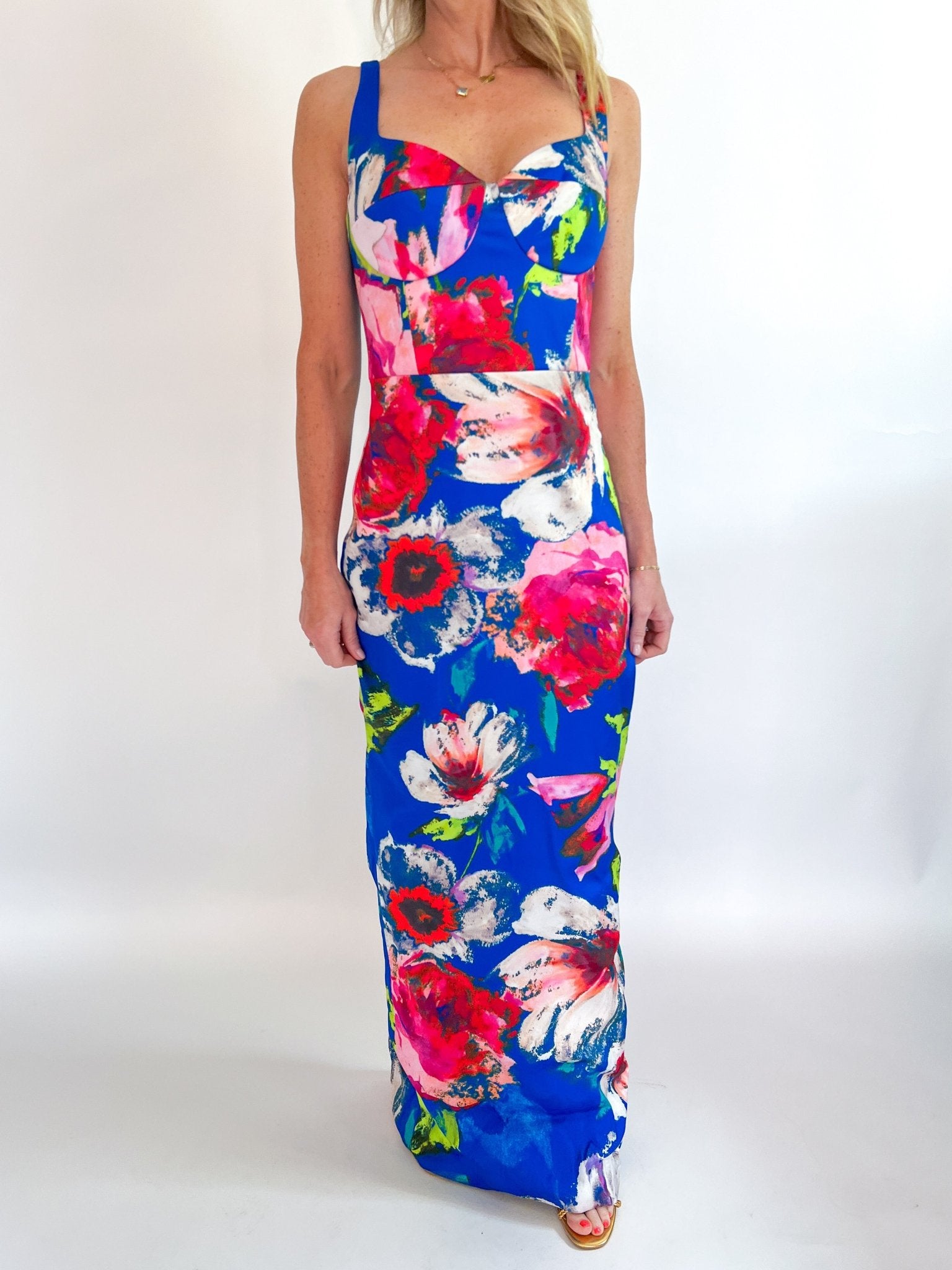 Blue floral sleeveless maxi gown with sweetheart neckline