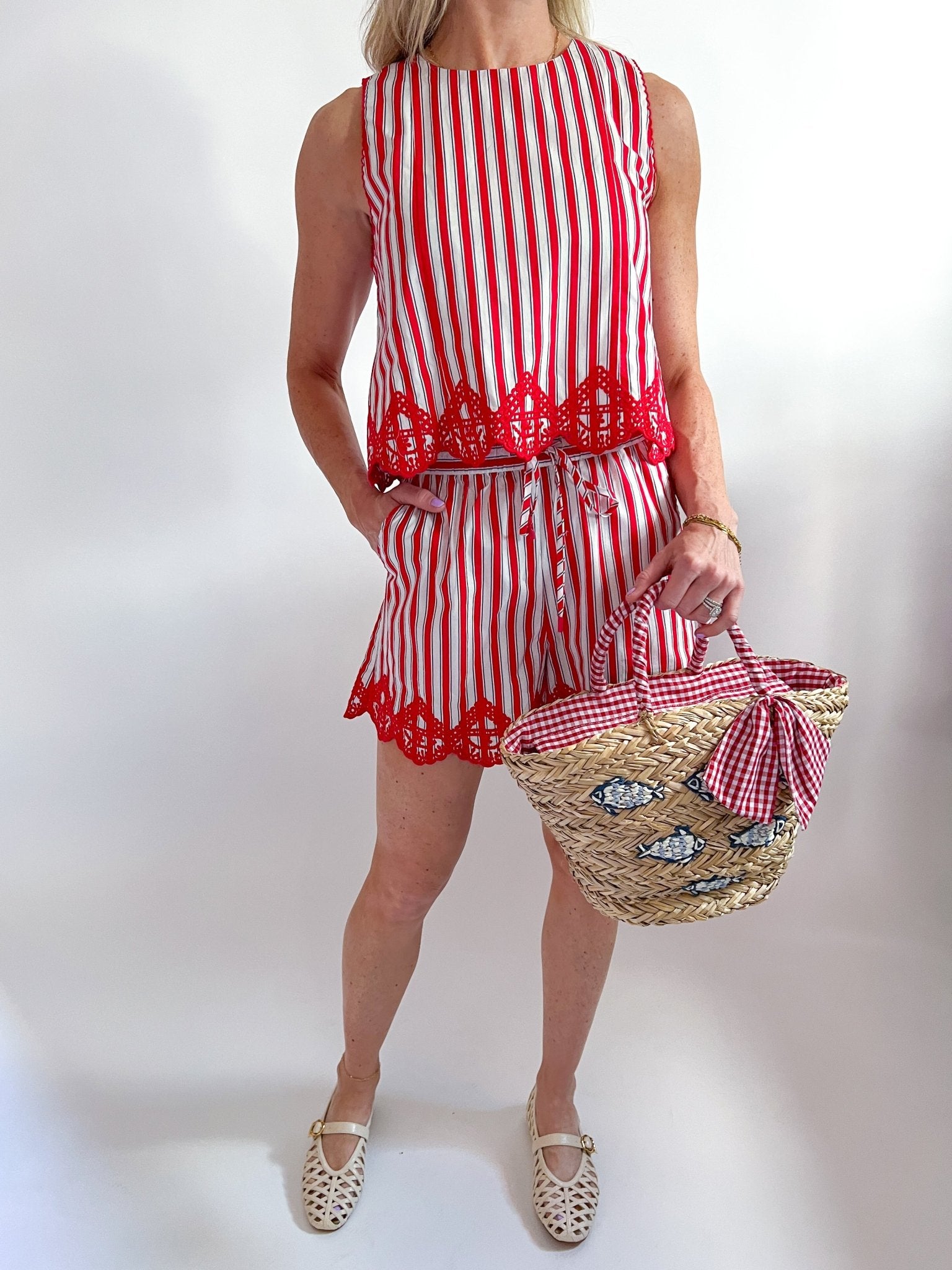 Embroidered Hem Striped Shorts Set - Swoon Boutique New Orleans