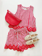 Embroidered Hem Striped Shorts Set - Swoon Boutique New Orleans