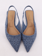 Blue denim embroidered slingback flats with floral detail
