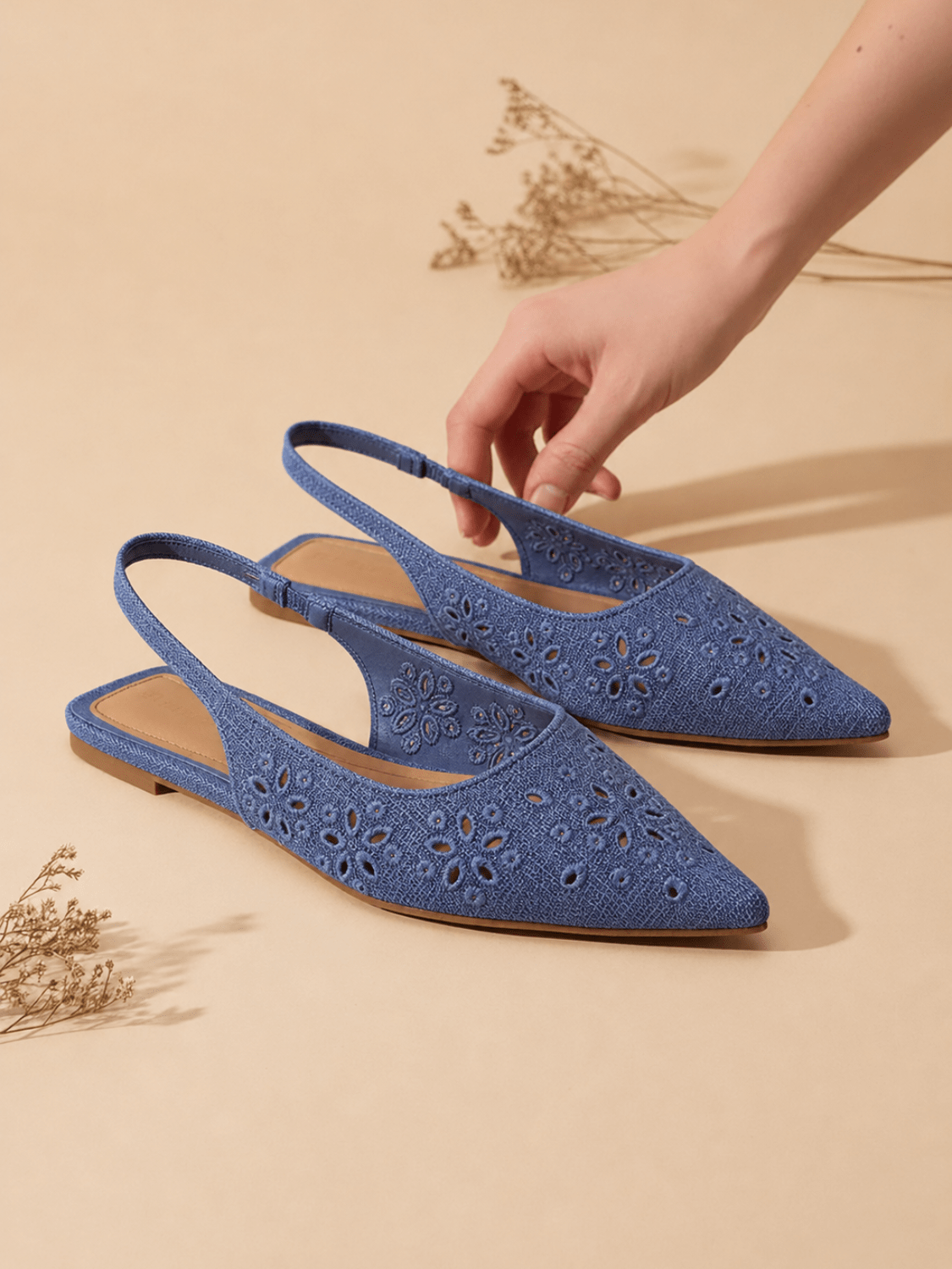 Blue denim embroidered slingback flats with floral detail