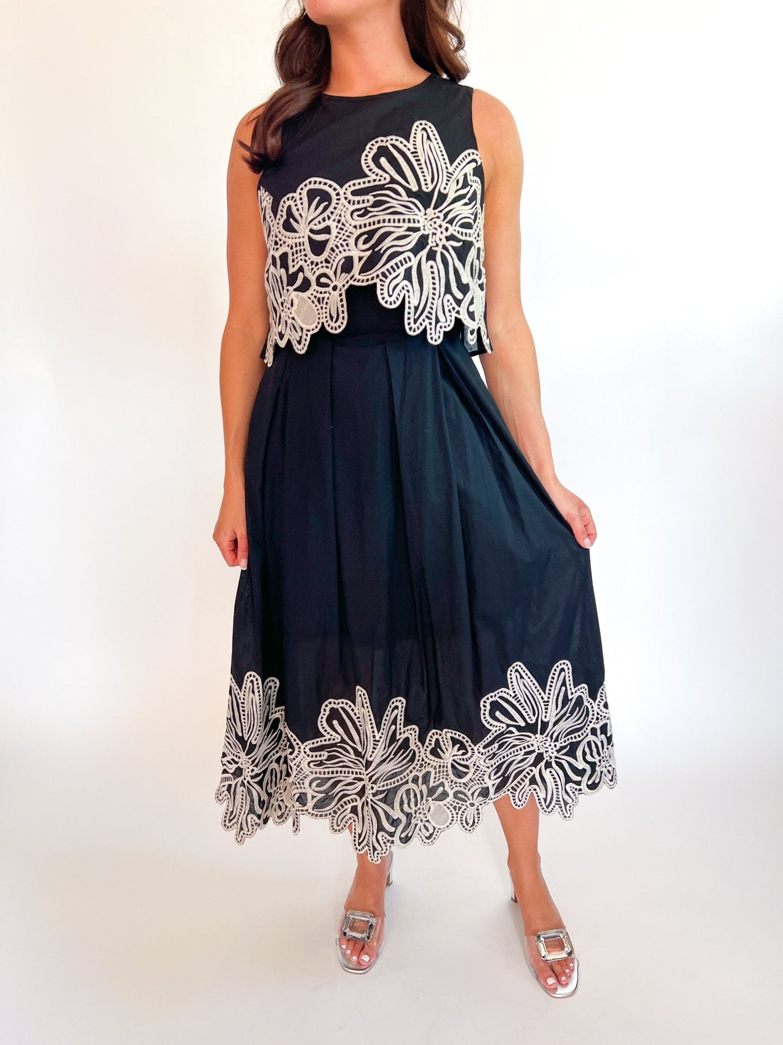 Black embroidered midi dress with A-line silhouette