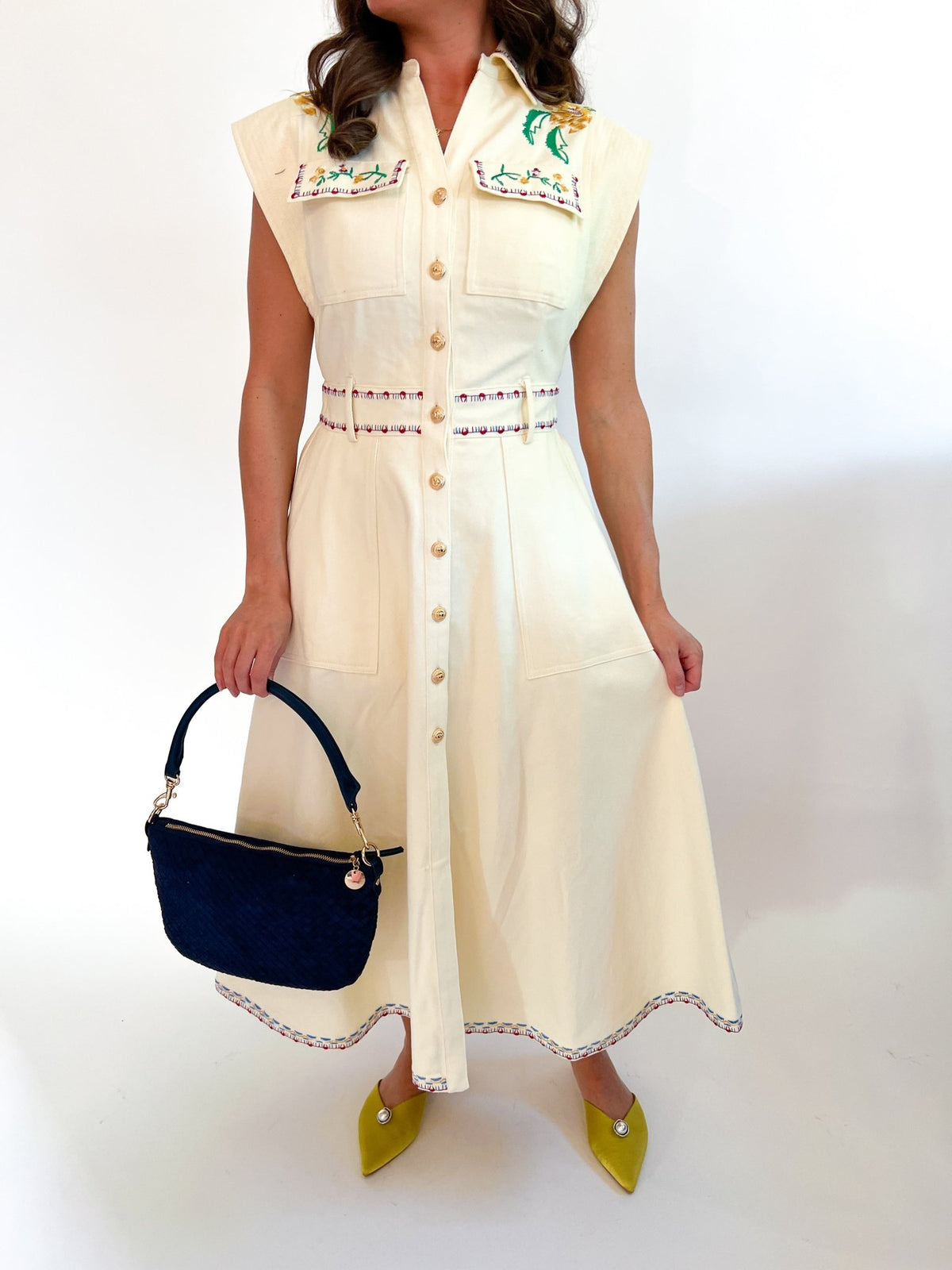 Embroidery Detail Twill Midi Dress - Swoon Boutique New Orleans