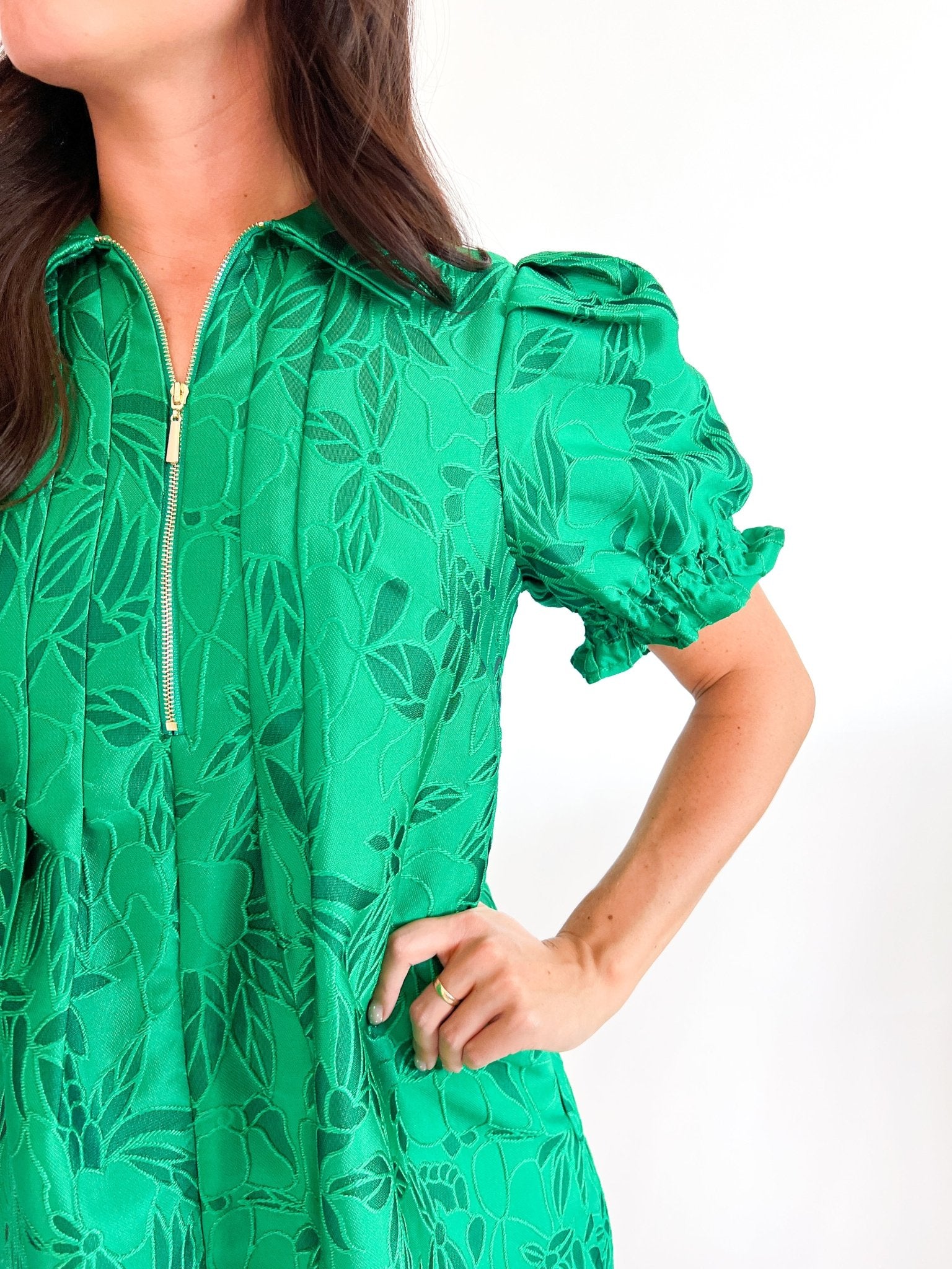 Emerald Brocade Zip Dress - Swoon Boutique New Orleans