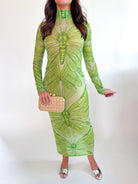 Emerald Dragonfly Sheer Mesh Gown in green with striking dragonfly print
