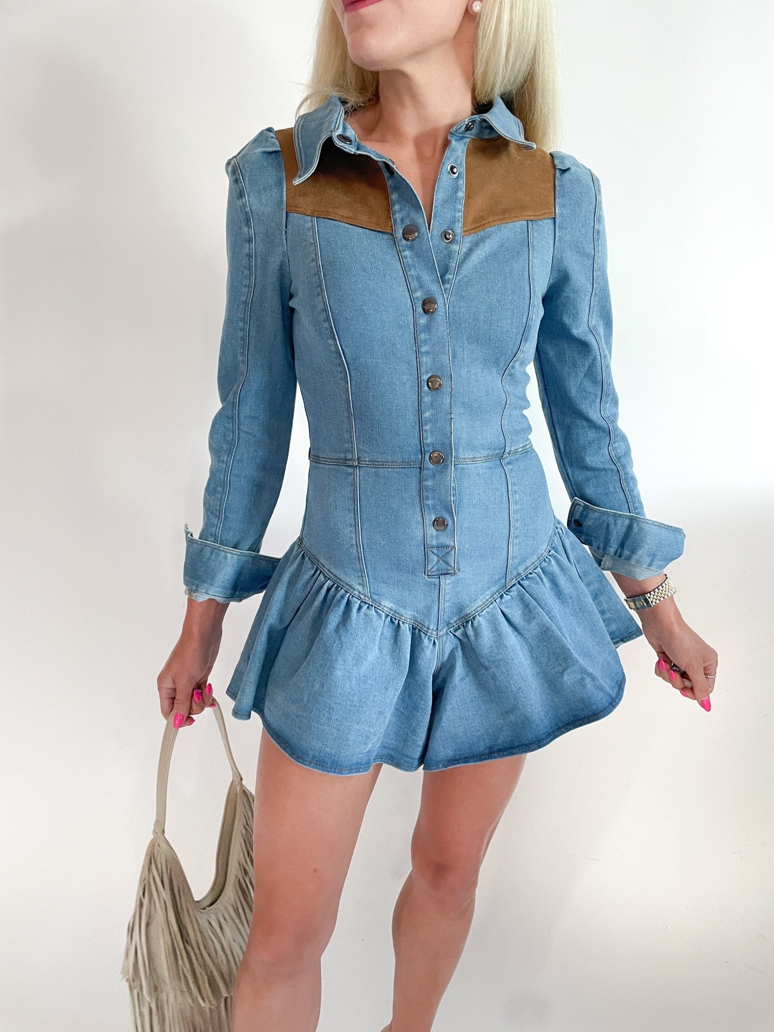 Denim and suede long sleeve romper with button front