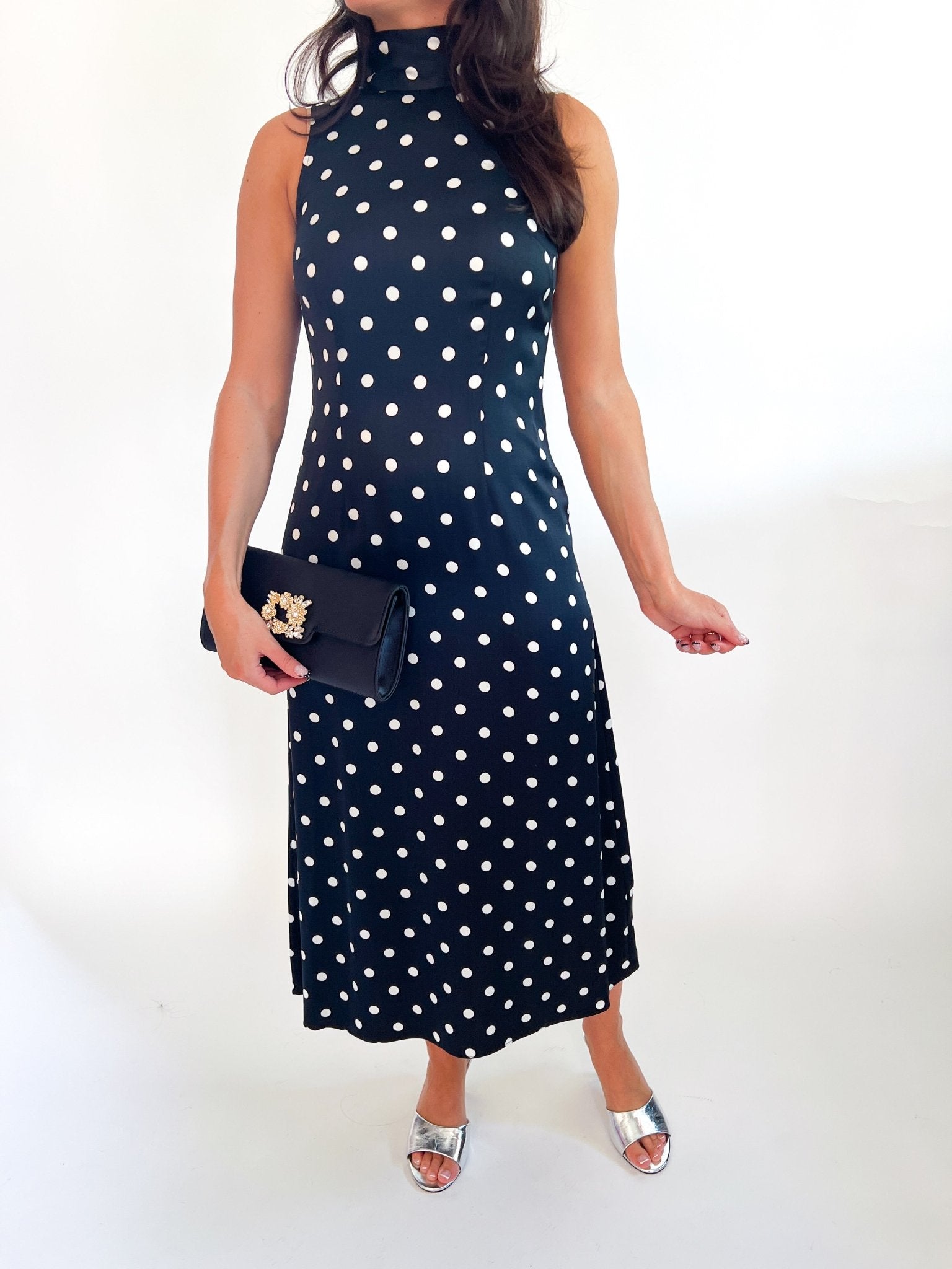 Black polka dot satin midi dress with bow neckline