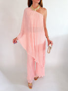 Pink pleated one-shoulder top and wide-leg pant set