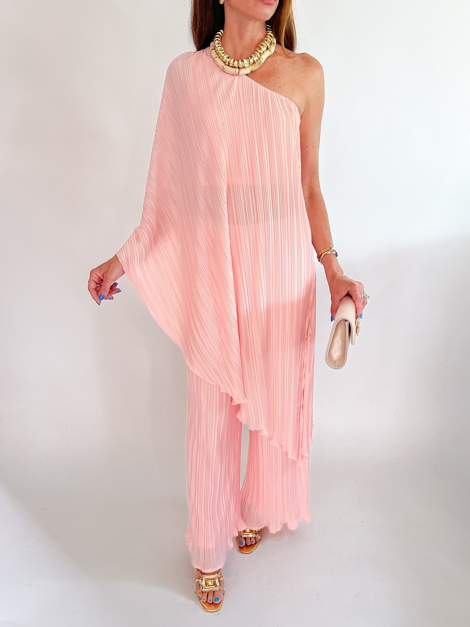 Pink pleated one-shoulder top and wide-leg pant set