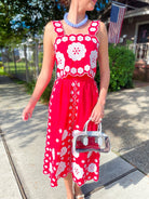Floral embroidered sleeveless top and midi skirt set