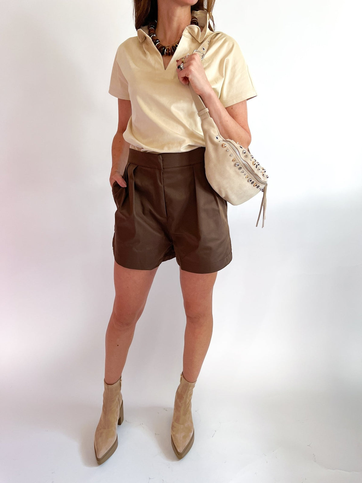 Faux Suede Ruffle Standup Collar V Neck Top - Swoon Boutique New Orleans