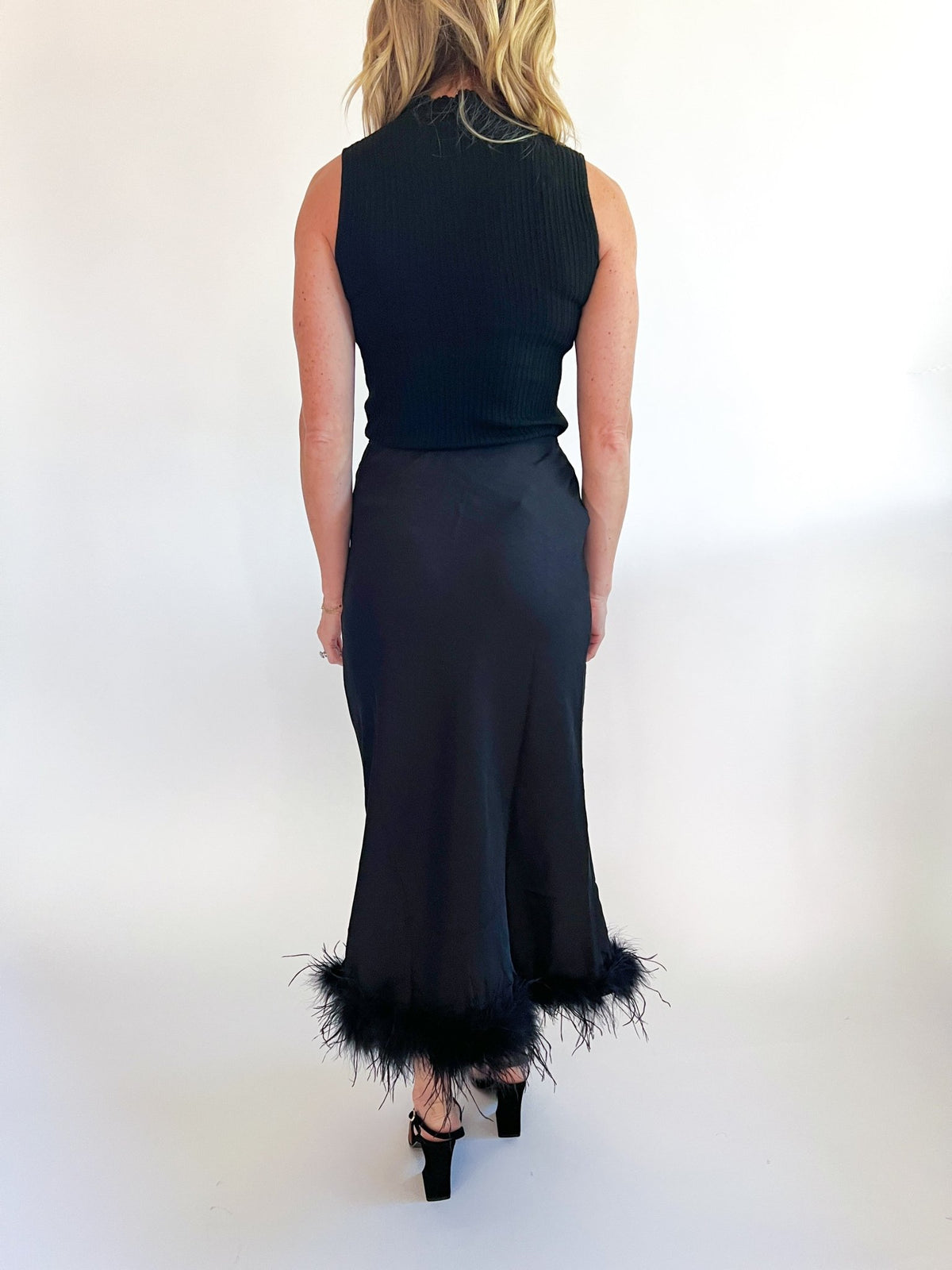 Feather Trim Midi Slip Skirt - Swoon Boutique New Orleans