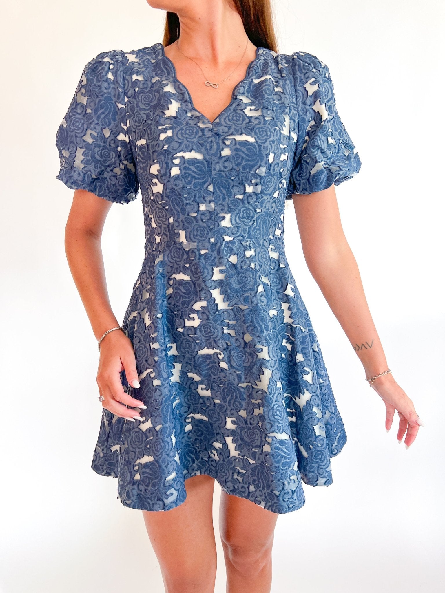 Floral jacquard mini dress with puff sleeves