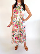 Floral sleeveless midi dress with tie-back detail
