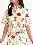Floral button front blouse with short sleeves