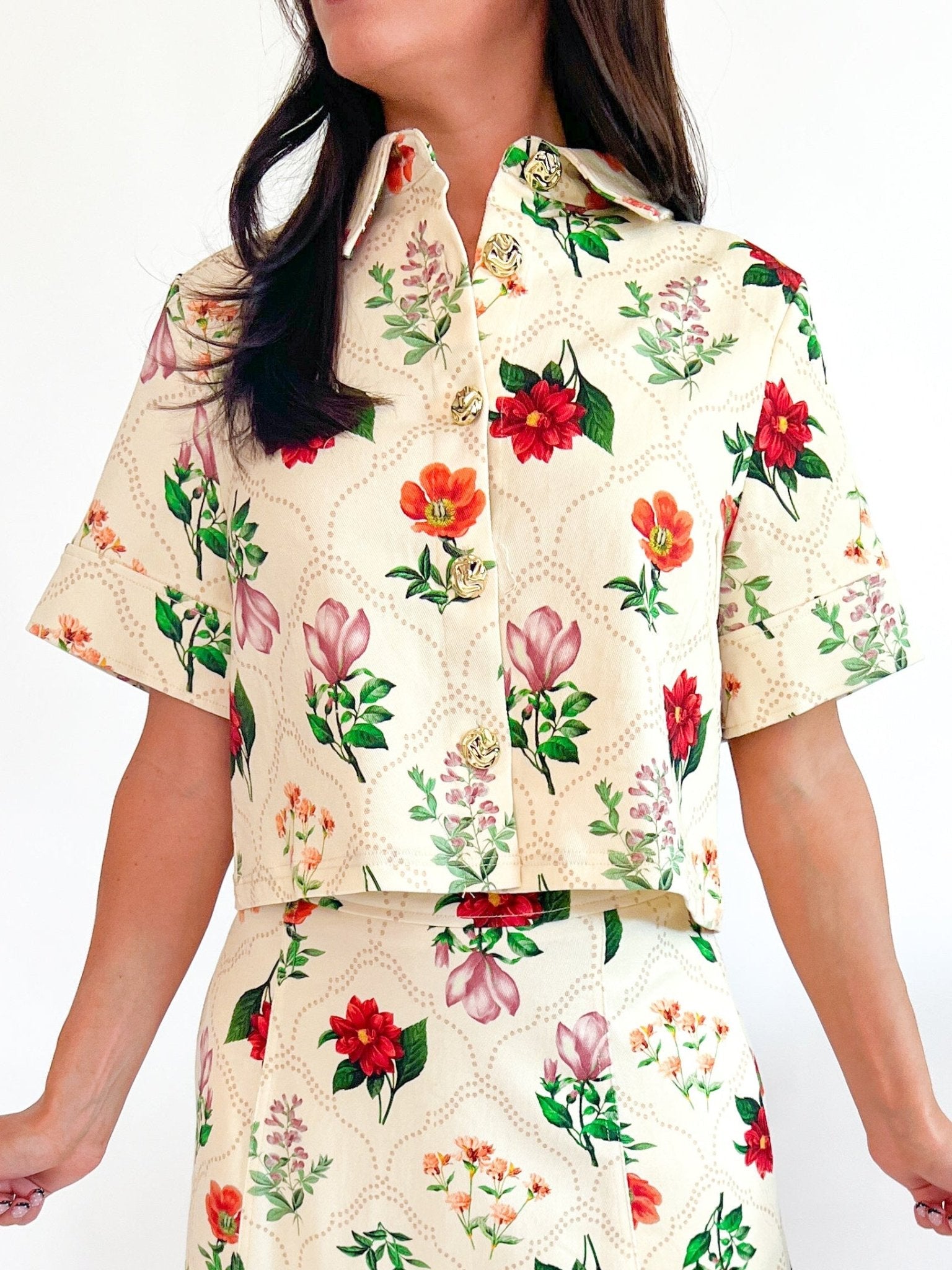 Floral button front blouse with short sleeves