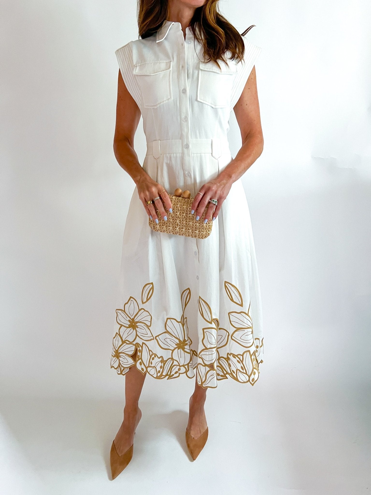 White midi shirt dress with floral cut-out embroidered hem