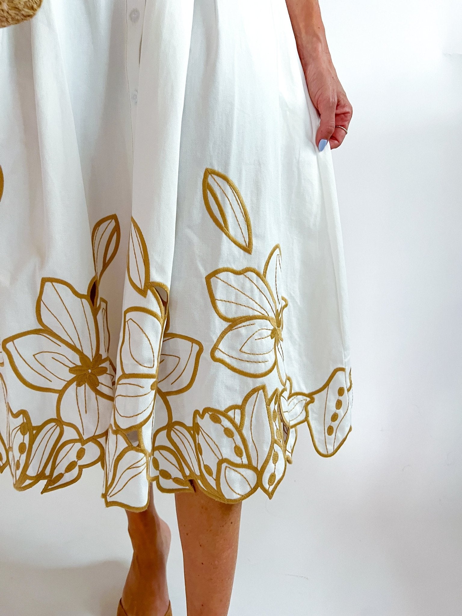 Floral Cut-Out Embroidery Twill Midi Shirt Dress - Swoon Boutique New Orleans