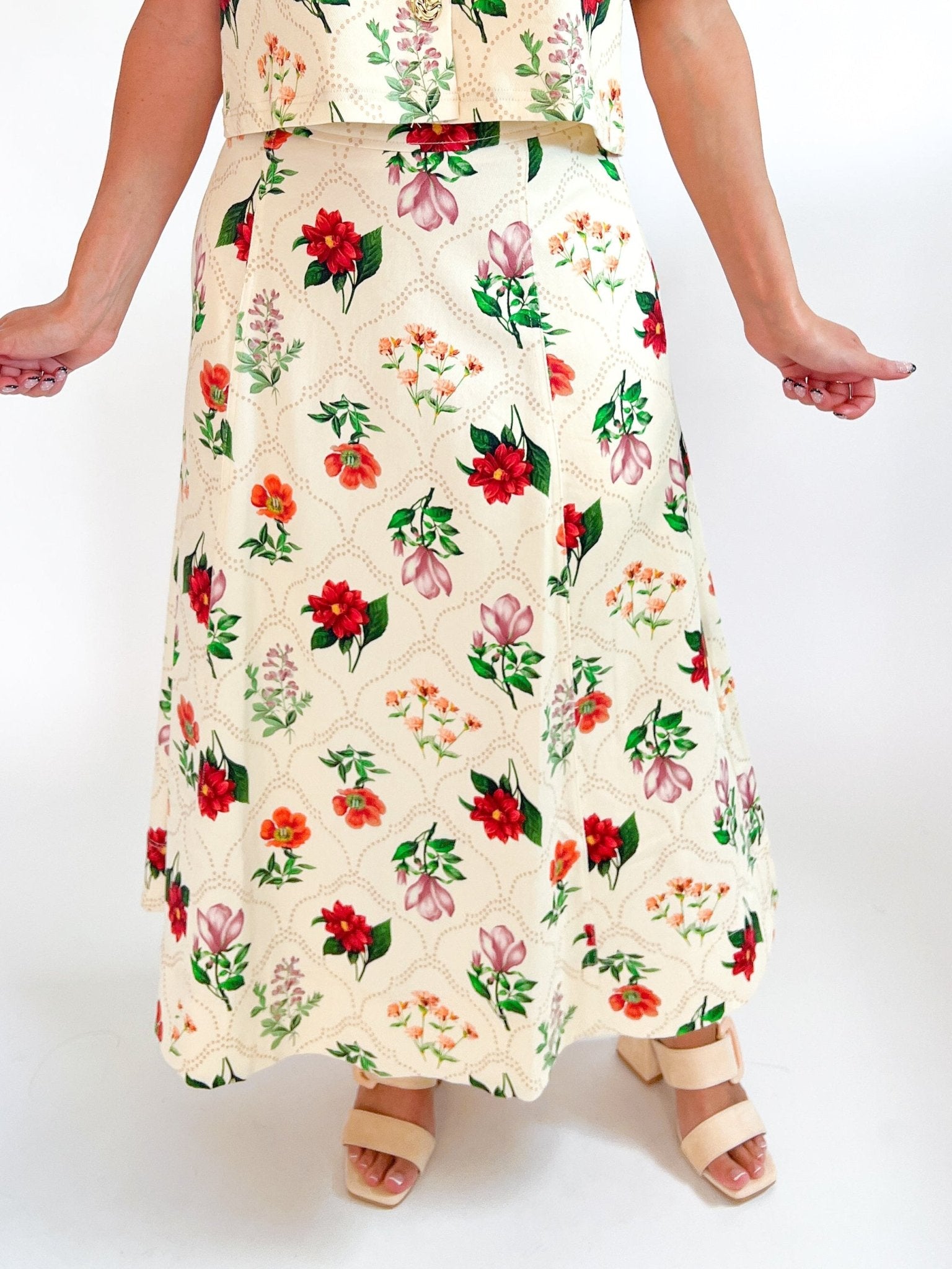 Floral A-line midi skirt with flowy silhouette