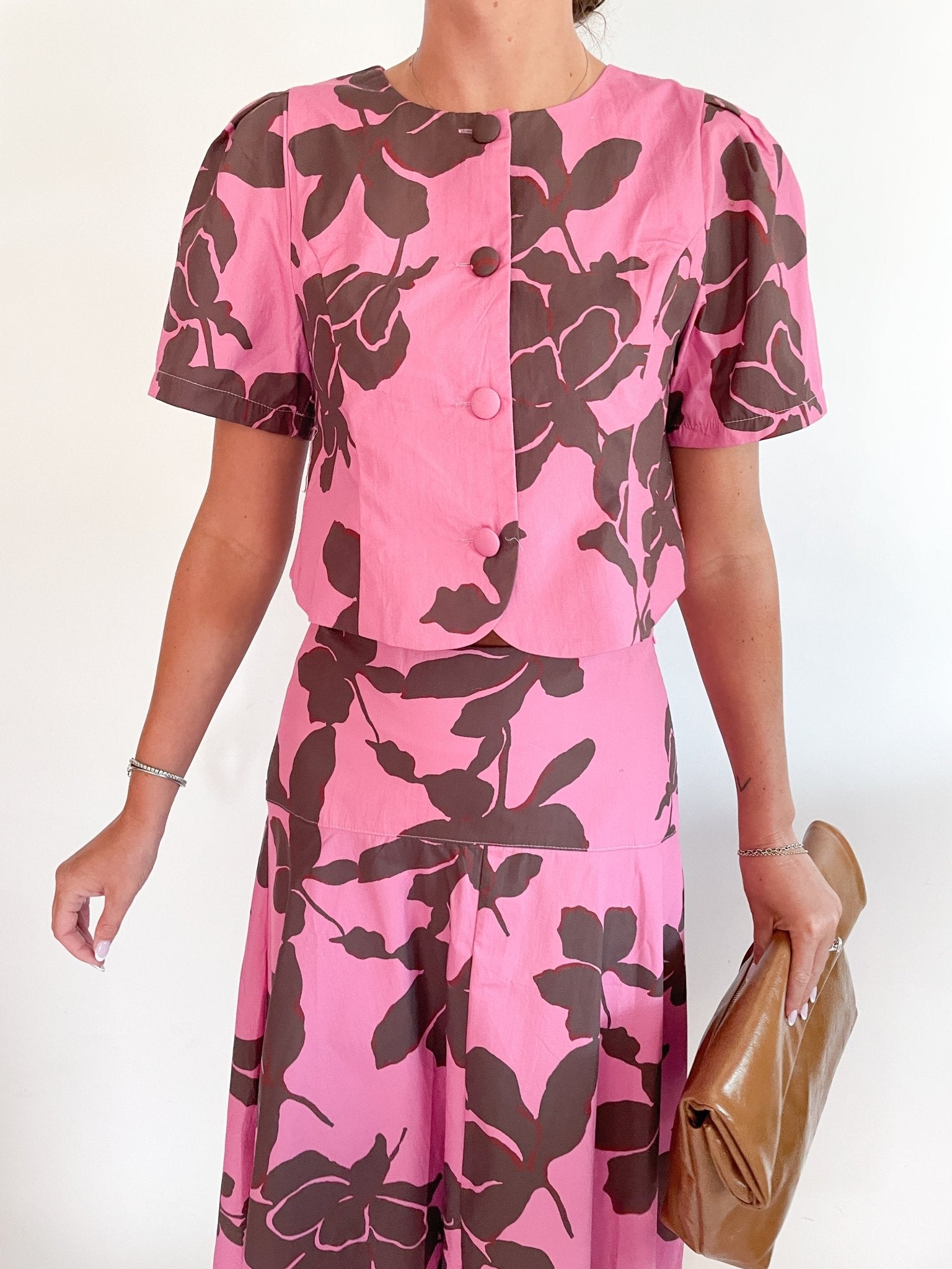 Pink floral short sleeve button down top