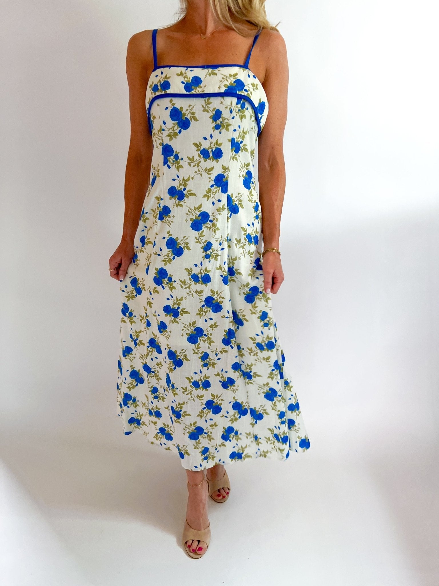 Ivory and blue floral print sleeveless A-line midi dress