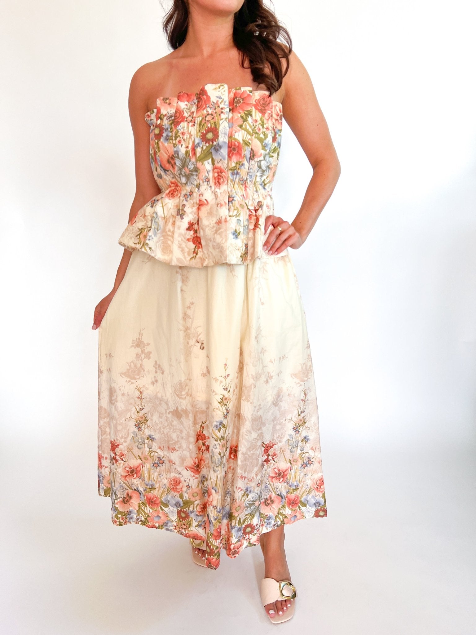 Floral strapless midi dress with A-line silhouette