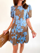 Blue floral midi dress with short puff sleeves