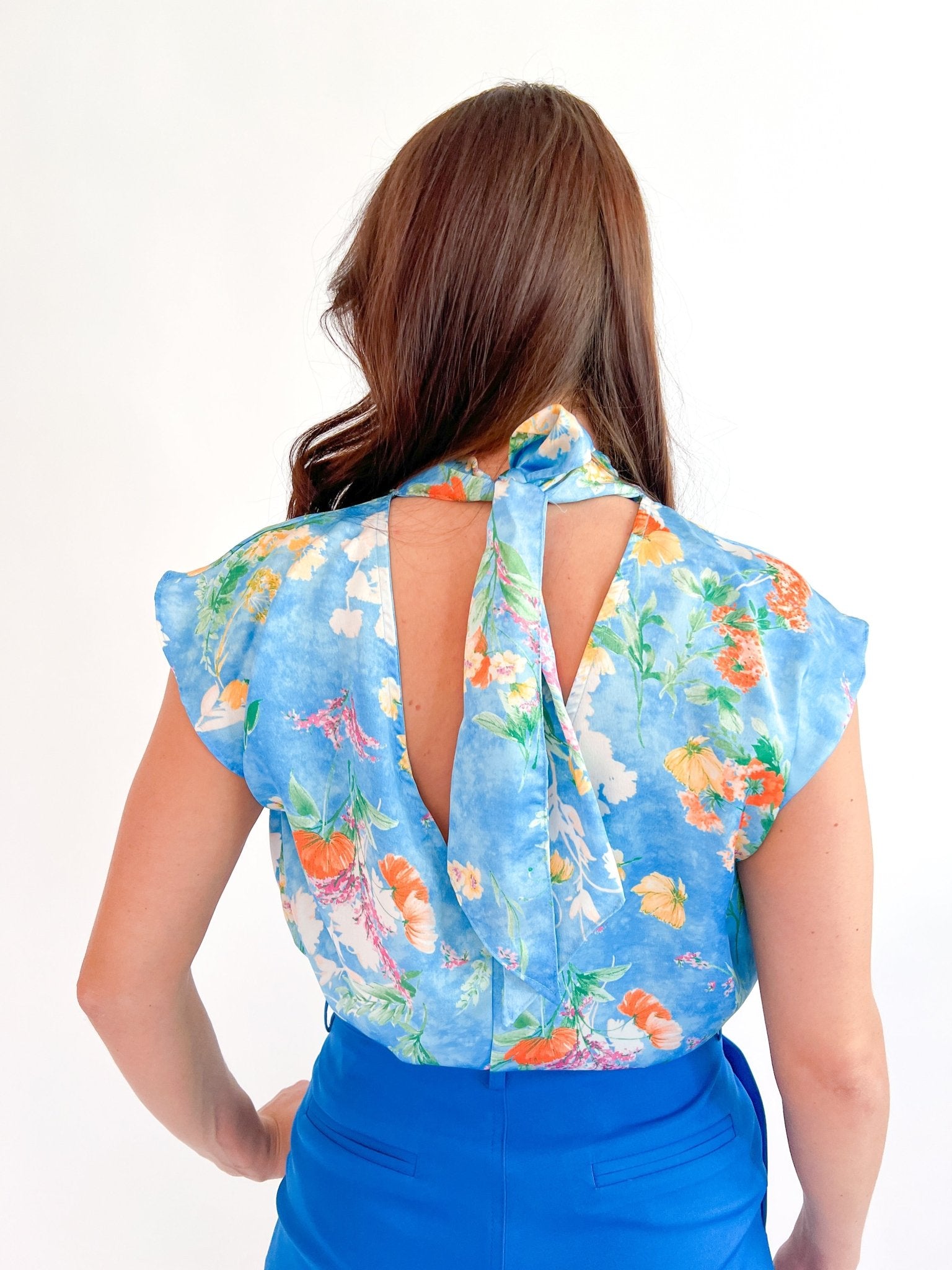 Floral Satin High Neck Tie Back Top - Swoon Boutique New Orleans
