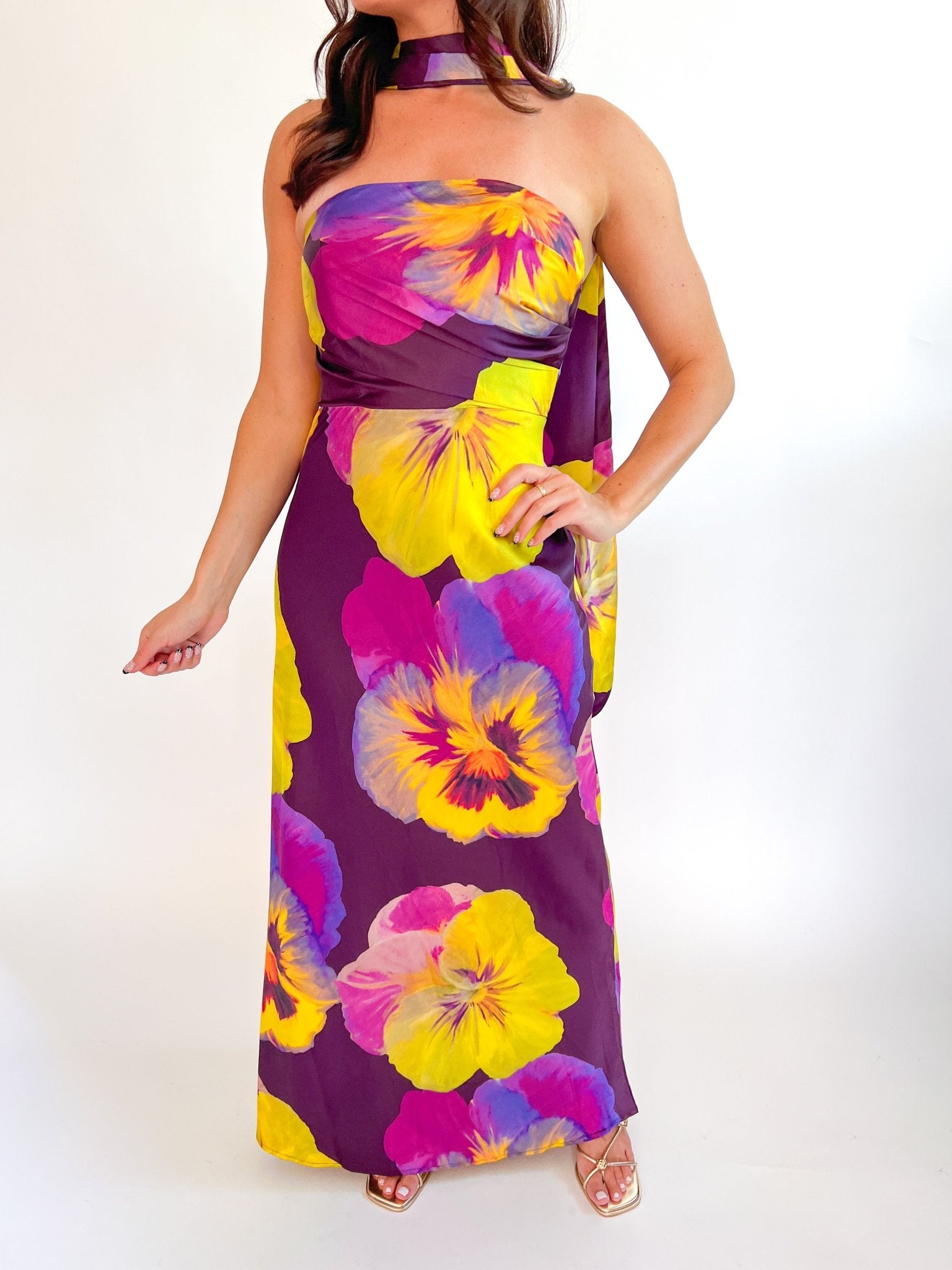 Floral Scarf Neck Maxi Dress with bold oversized floral print and chic scarf neckline
