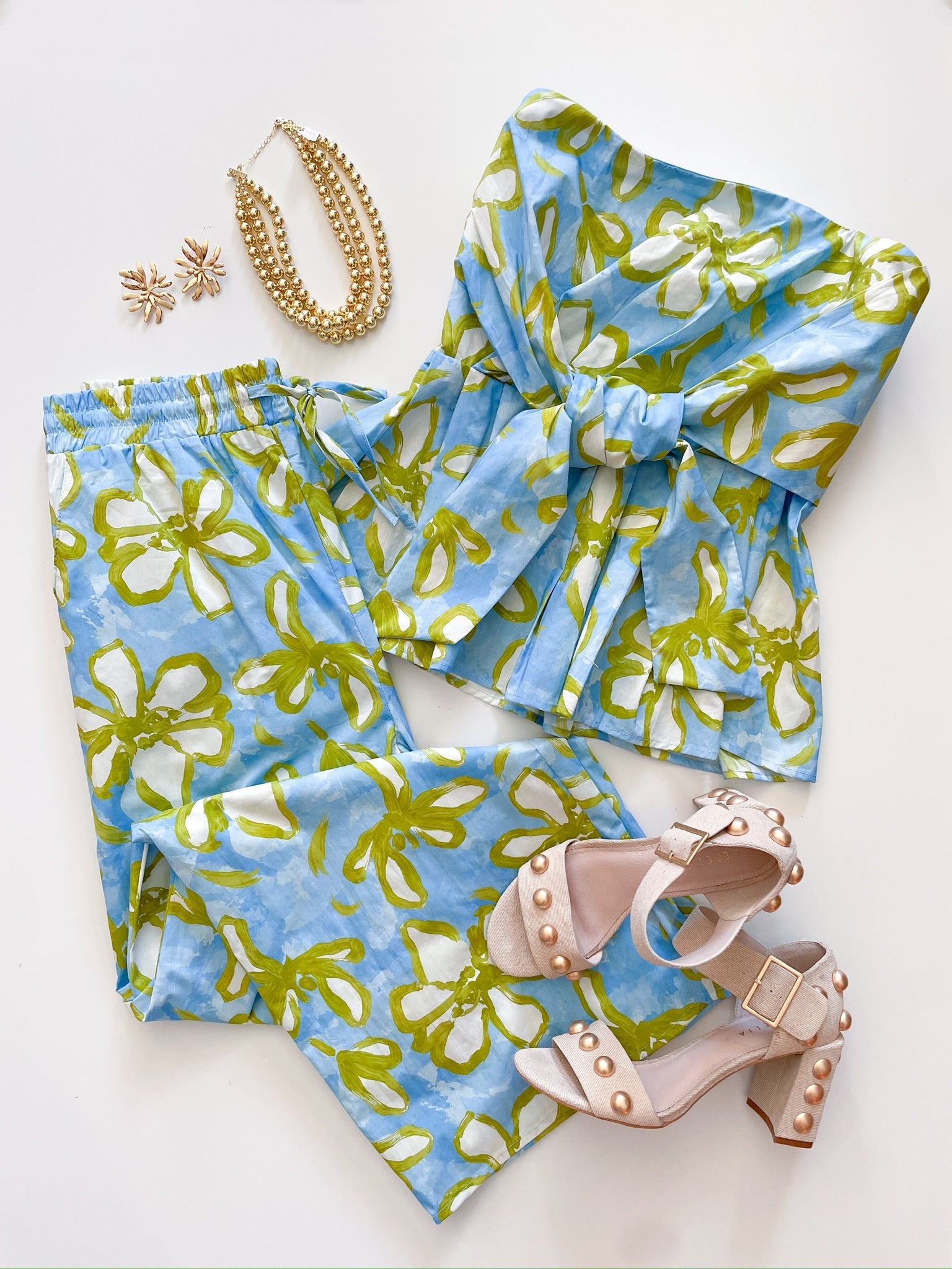 Floral strapless peplum top with wide-leg pants