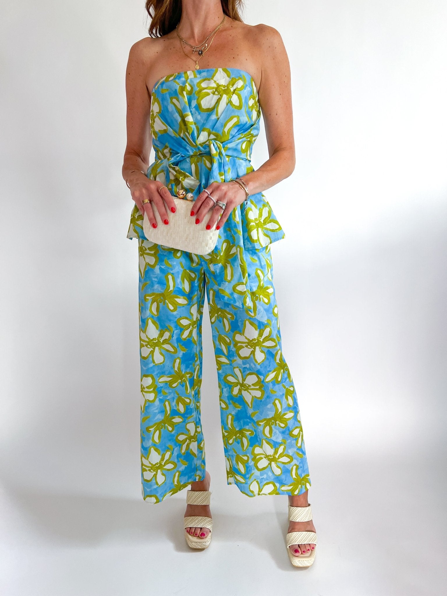 Floral strapless peplum top with wide-leg pants