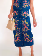Floral embroidered denim midi skirt