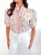 French Floral Ruffle Puff Sleeve Top by KARLIE in pink floral with puff sleeves