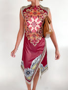 Red floral mini shift dress with fringe trim hem