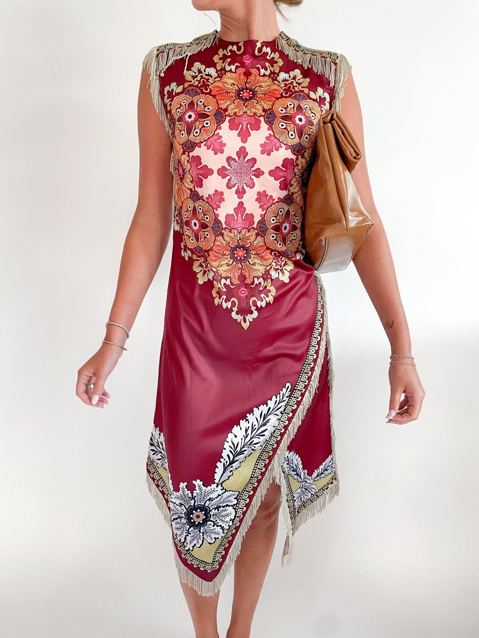 Red floral mini shift dress with fringe trim hem