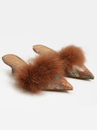 Multicolor feather trim kitten heel mule