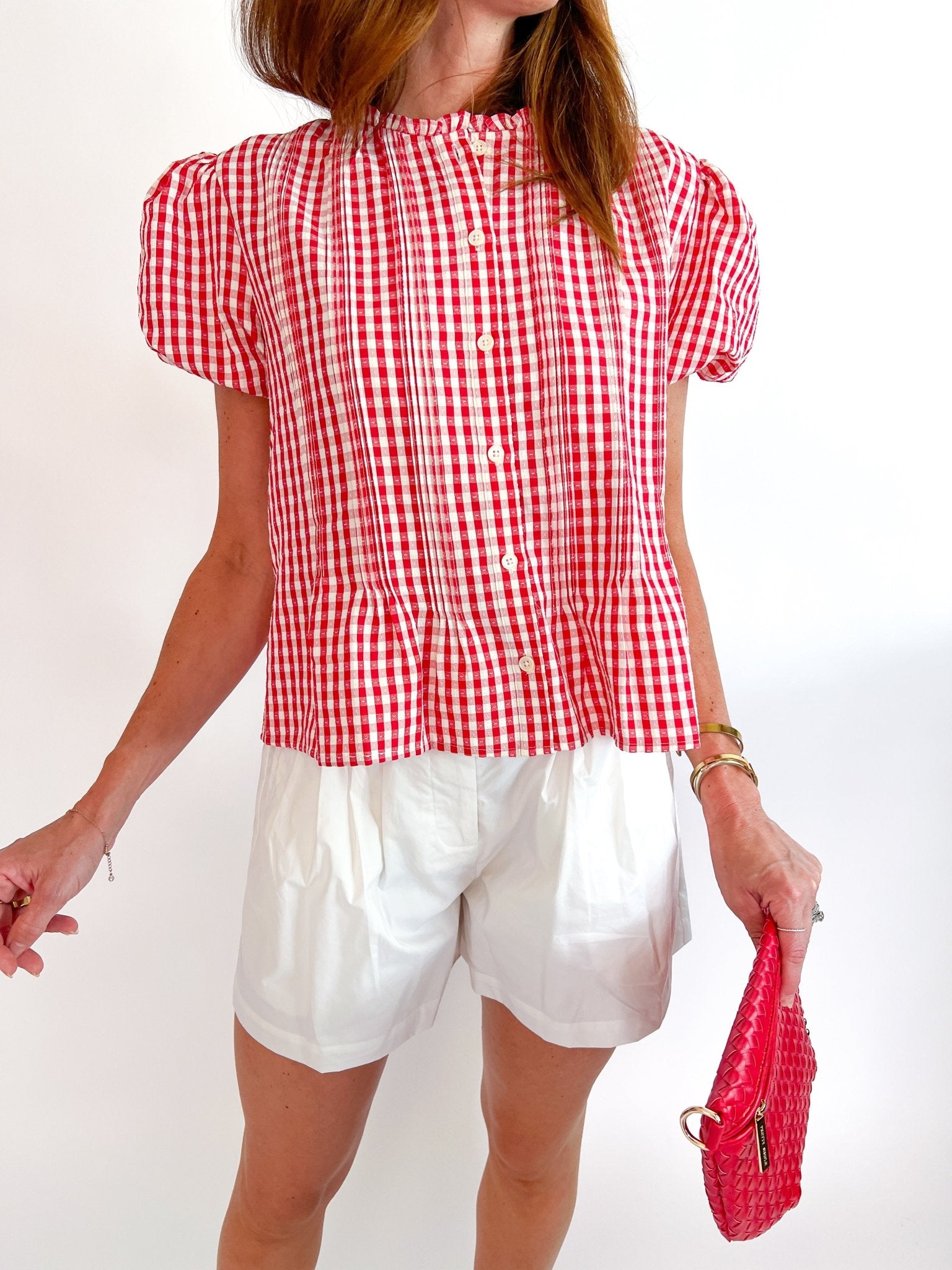 Gingham Arden Shirt by WE ARE SUNDAYS in red gingham with statement puff sleeves